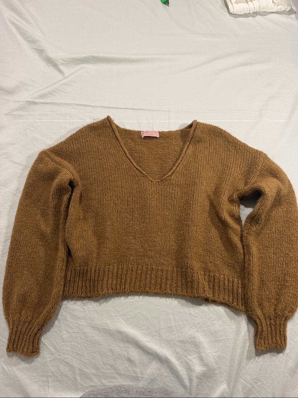 Urban Outfitters Camel V-Neck Cropped Fuzzy Sweater